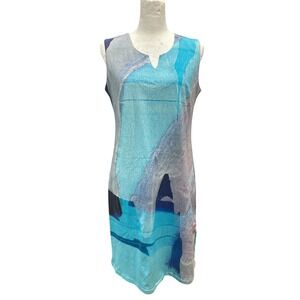 Claire Desjardins Women's‎ Blue Gray Abstract Print S V-Neck Sheath Dress Small